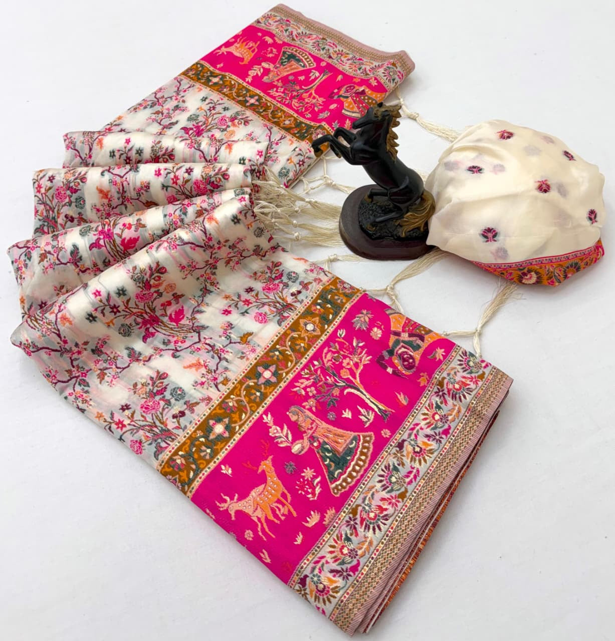 Gulbahar Kalamkari Silk Saree | Ivory & Rani Pink