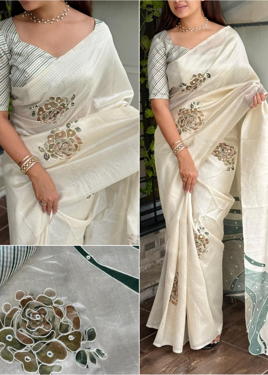 White saree with floral patterns worn by a woman, close-up of patterns, and full view of saree.