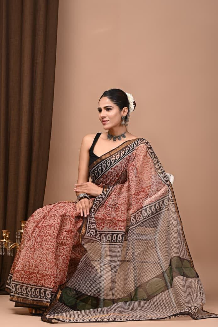 Hand Block Printed Maheswari Silk Saree