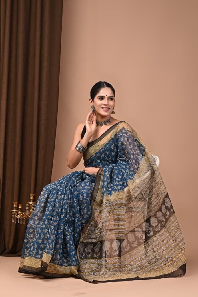 Hand Block Printed Maheswari Silk Saree
