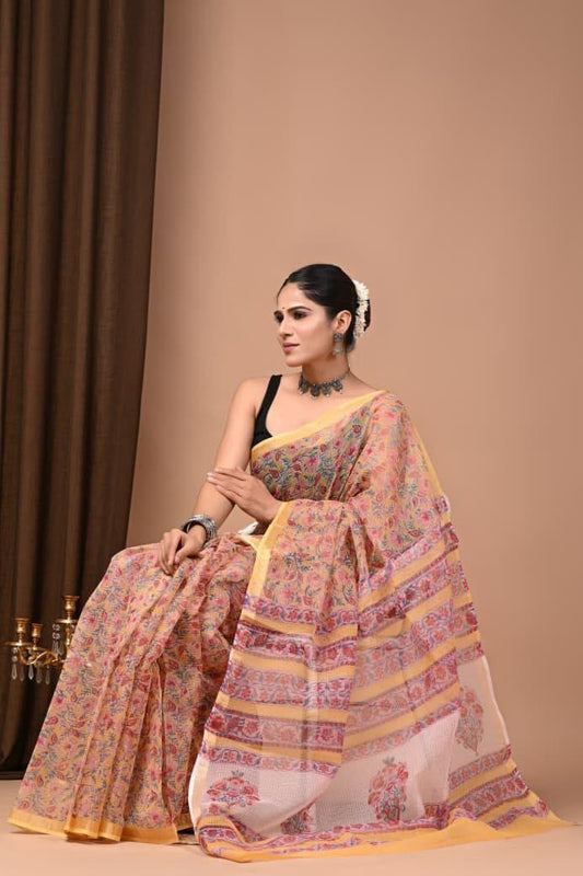 Hand Block Printed Maheswari Silk Saree