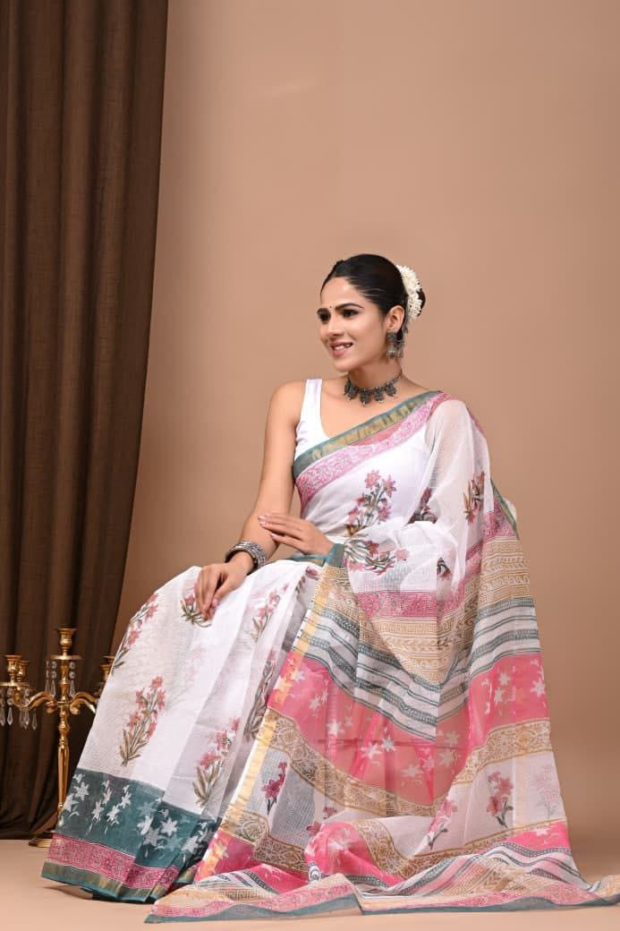 Hand Block Printed Maheswari Silk Saree