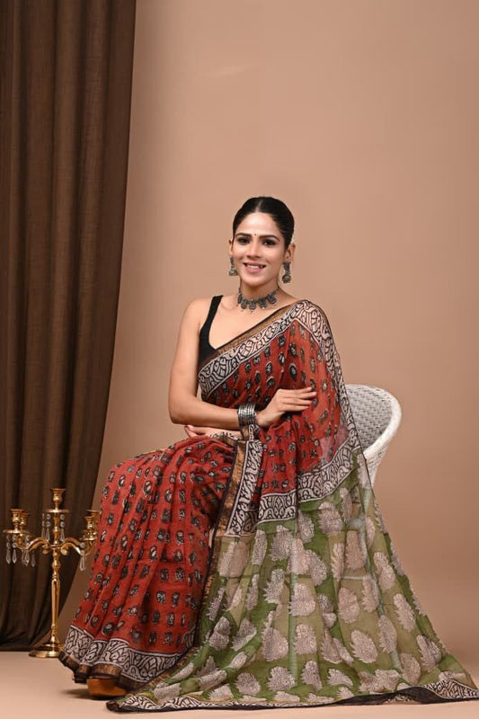 Hand Block Printed Maheswari Silk Saree