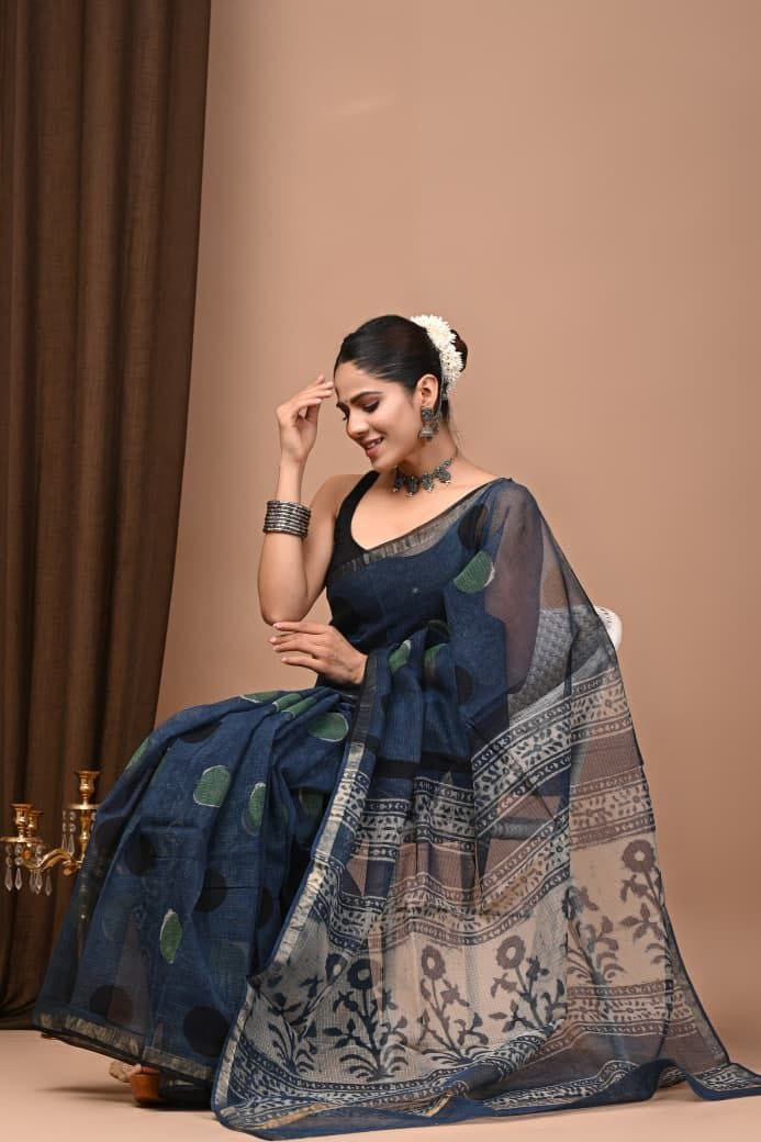 Hand Block Printed Maheswari Silk Saree