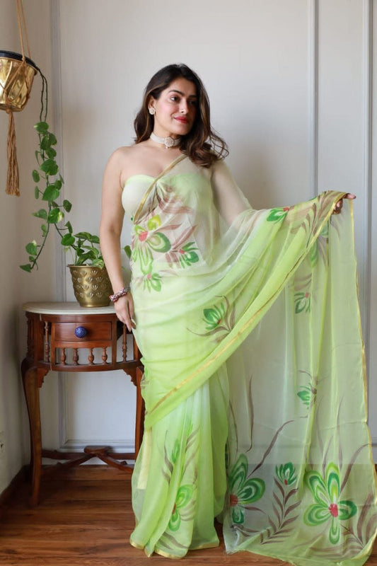 Hand-Painted Cotton Saree with Gold Print