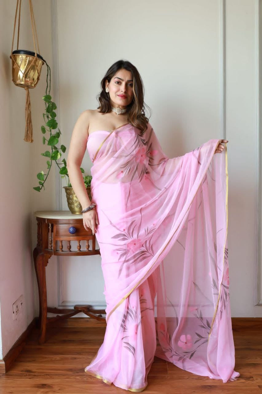 Hand-Painted Cotton Saree with Gold Print