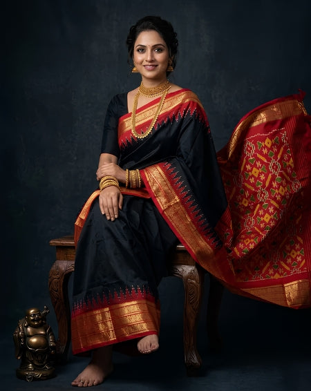 Black Handloom Pattu Silk Saree with Red Traditional Gold Zari Pallu | Premium Collection