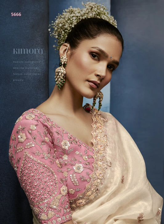 Ivory Mist Fancy Tissue Saree with Delicate Moti, Beads & Sequin Work — Ready Blouse