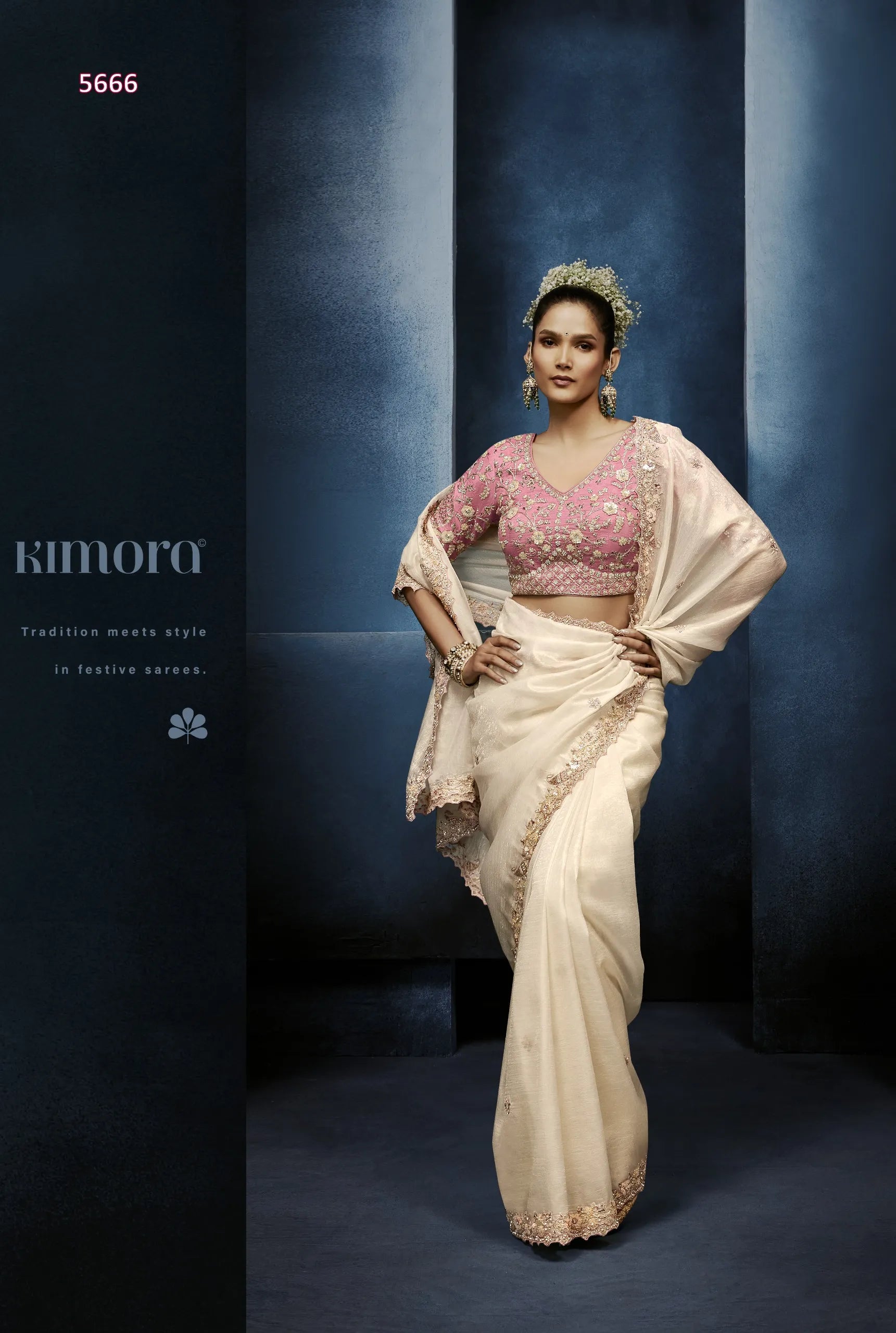 Ivory Mist Fancy Tissue Saree with Delicate Moti, Beads & Sequin Work — Ready Blouse