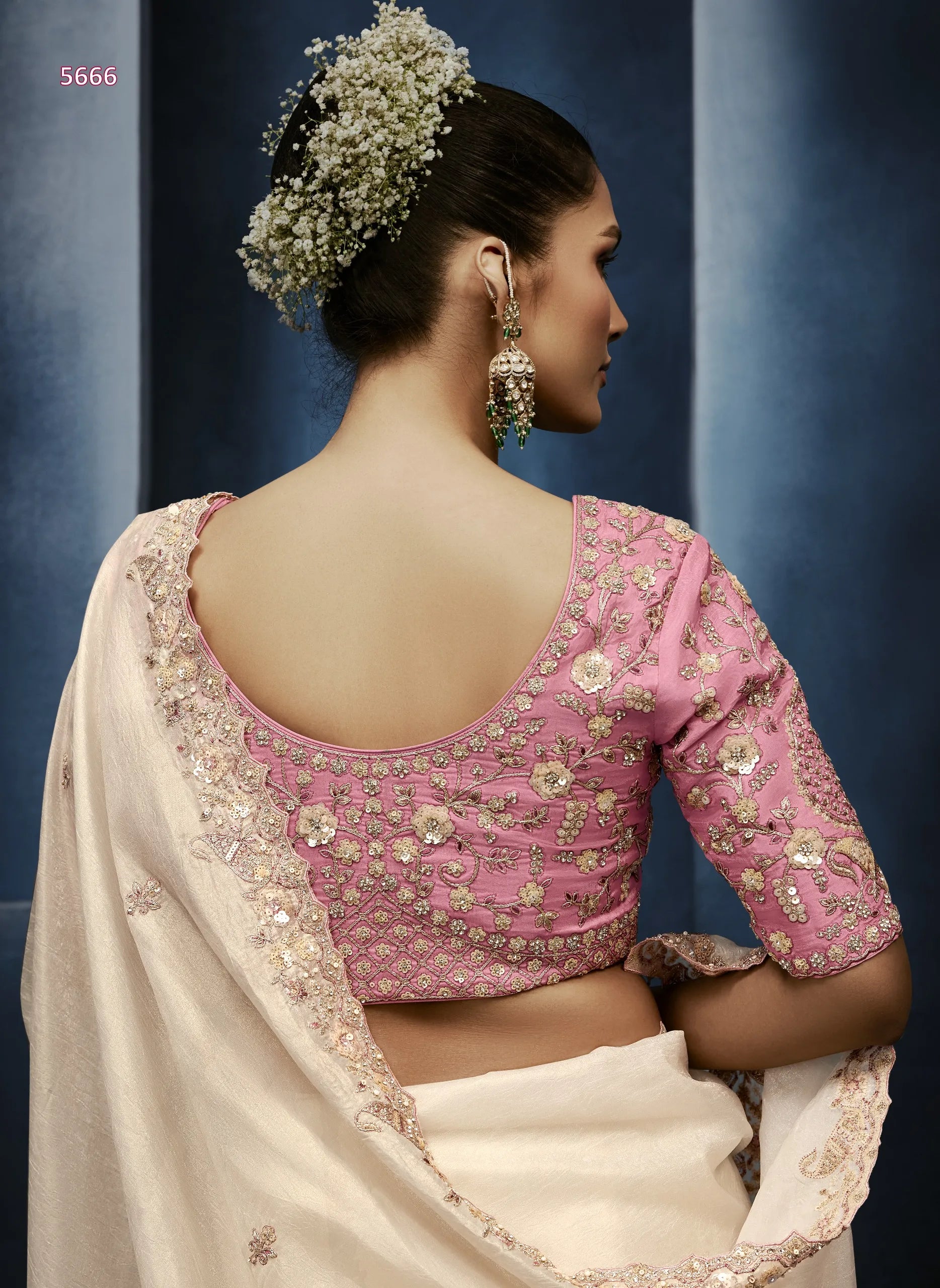 Ivory Mist Fancy Tissue Saree with Delicate Moti, Beads & Sequin Work — Ready Blouse
