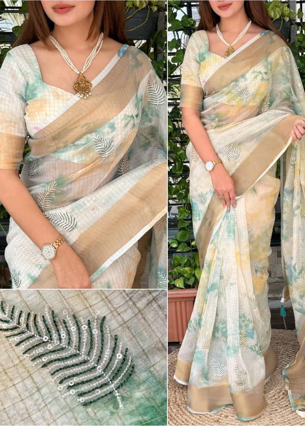 Woman wearing a floral saree with a close-up of the fabric and jewelry.