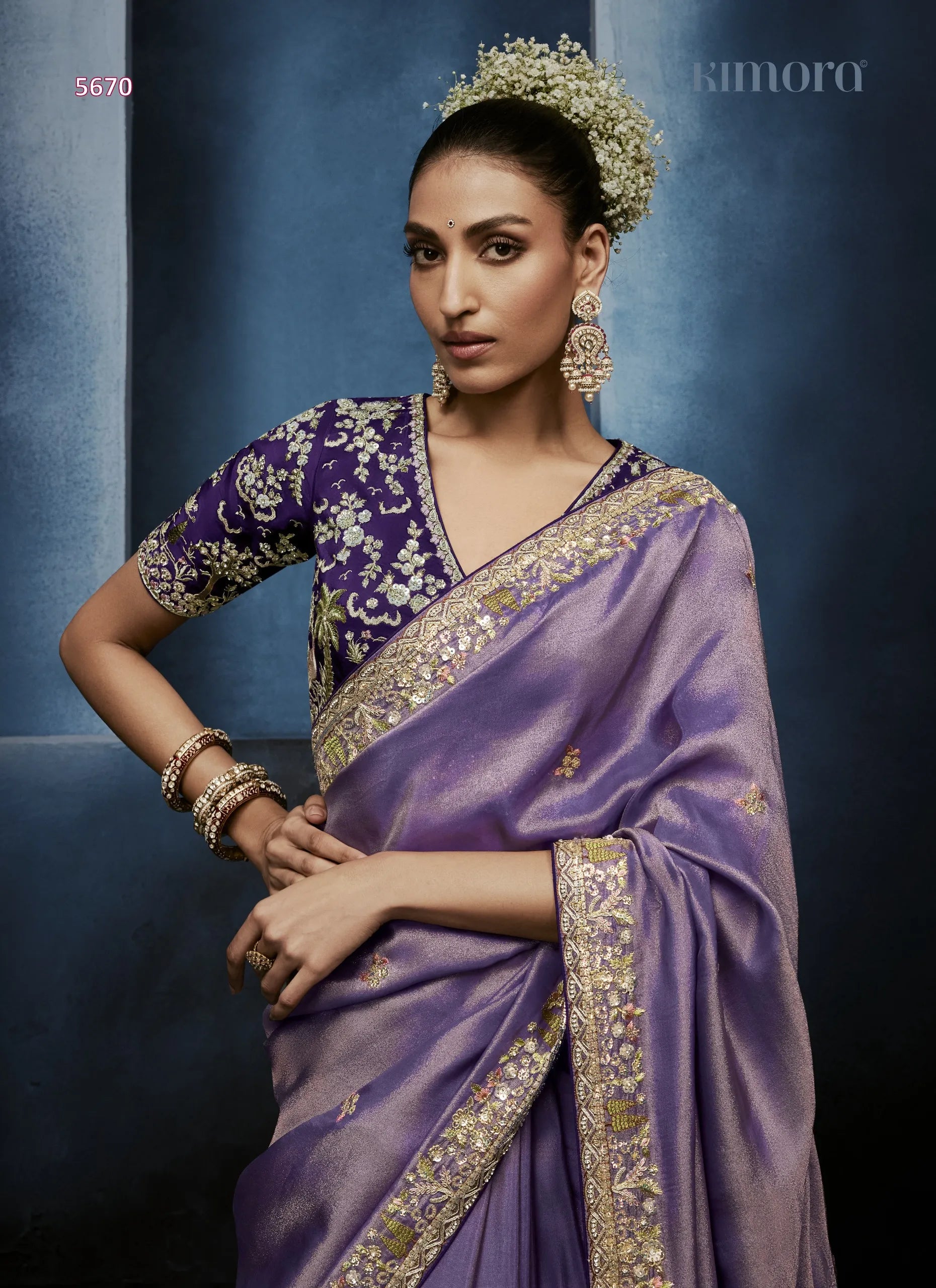 Lavender Dusk Fancy Tissue Saree with Zardozi, Moti & Sequin Embroidery — Ready Blouse
