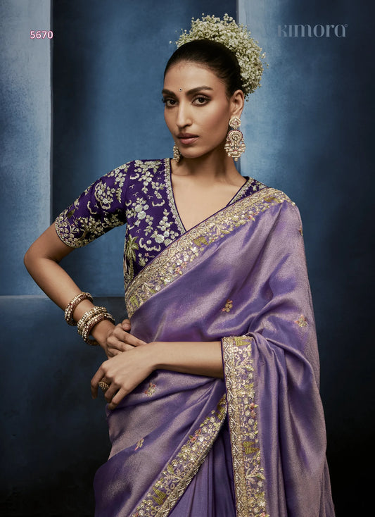 Lavender Dusk Fancy Tissue Saree with Zardozi, Moti & Sequin Embroidery — Ready Blouse