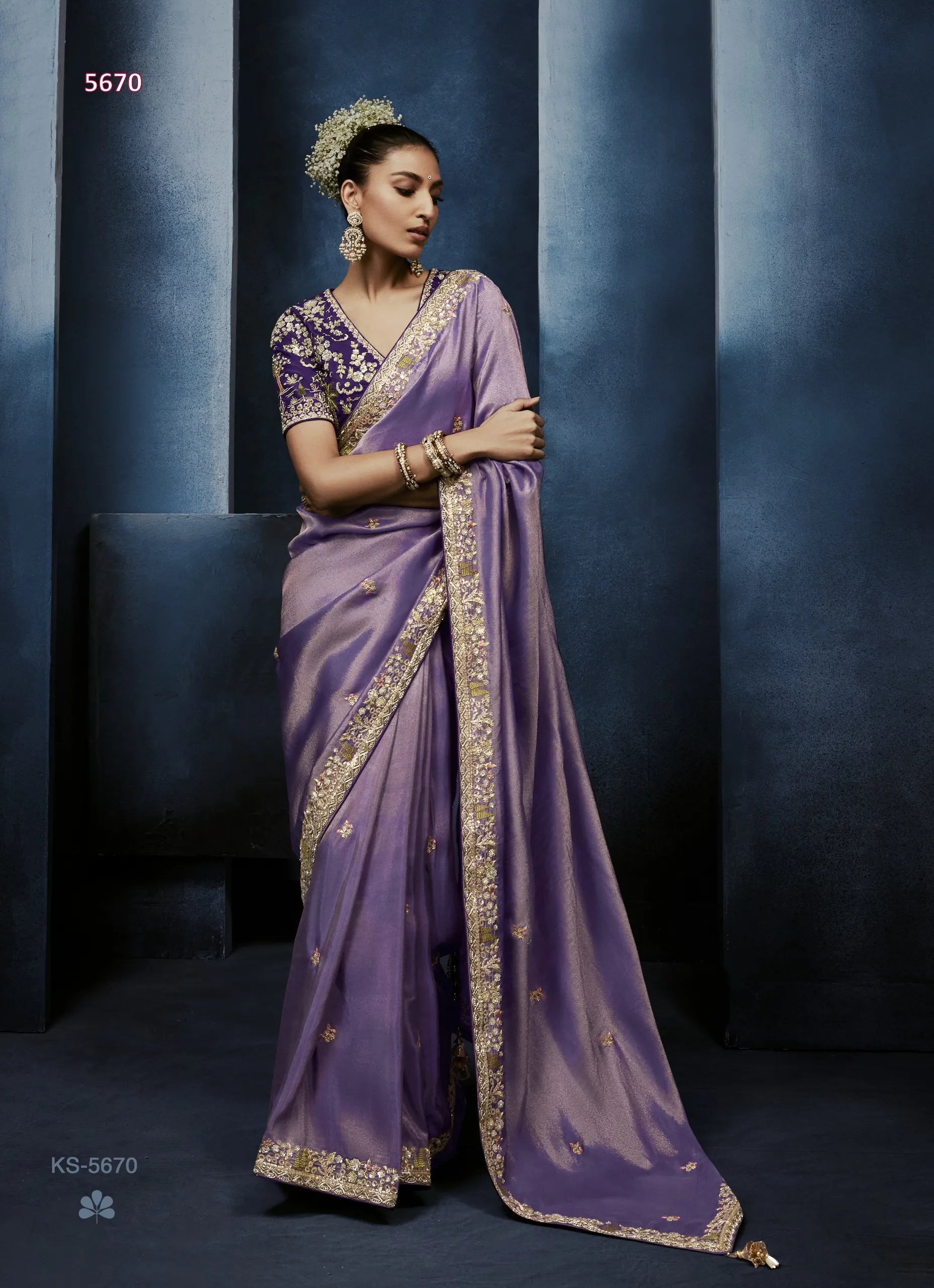 Lavender Dusk Fancy Tissue Saree with Zardozi, Moti & Sequin Embroidery — Ready Blouse