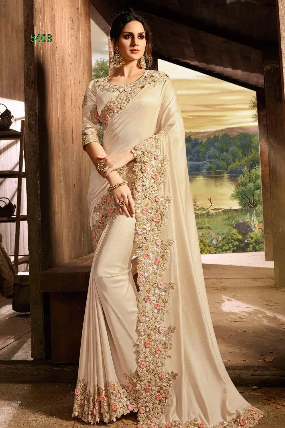 Vasundhara Heritage Tissue Beige Silk Saree – Handcrafted Embellished Royal Collection