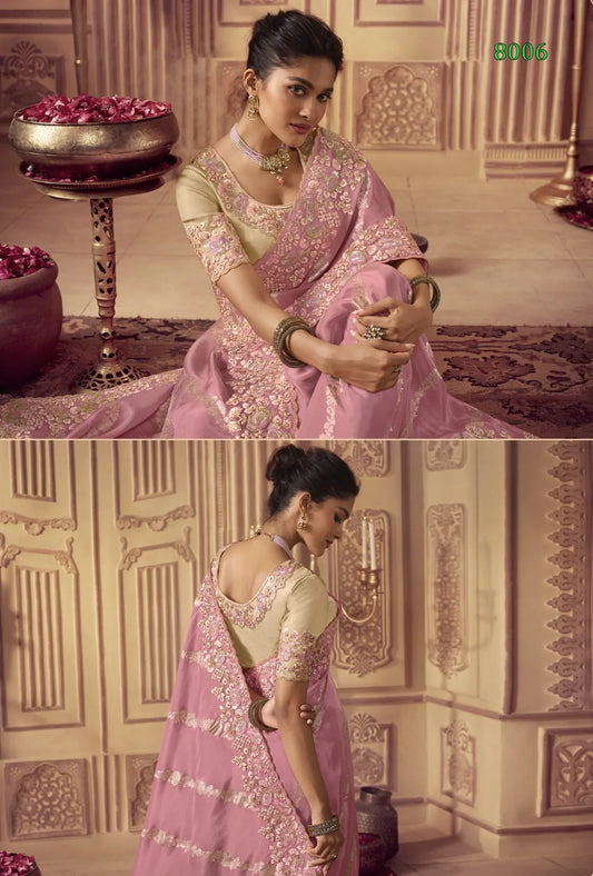 Vasundhara Heritage Tissue Pink Silk Saree – Handcrafted Embellished Royal Collection