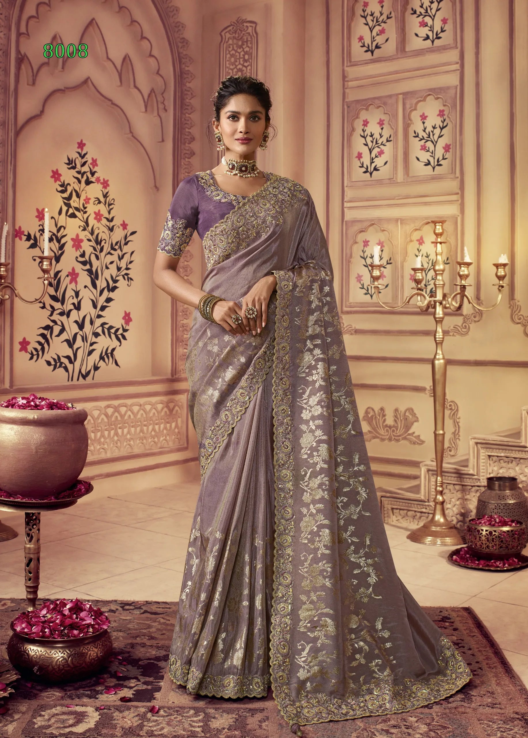 Vasundhara Heritage Tissue Lavender Silk Saree – Handcrafted Embellished Royal Collection