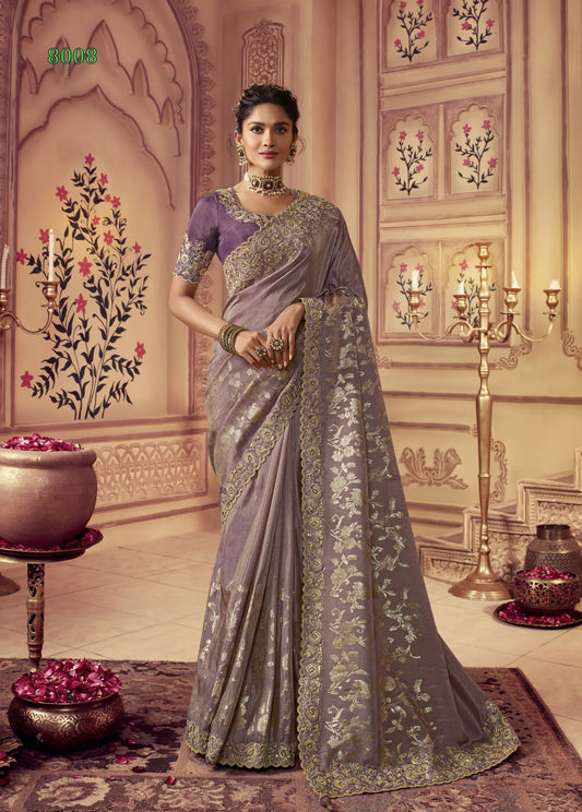 Vasundhara Heritage Tissue Lavender Silk Saree – Handcrafted Embellished Royal Collection