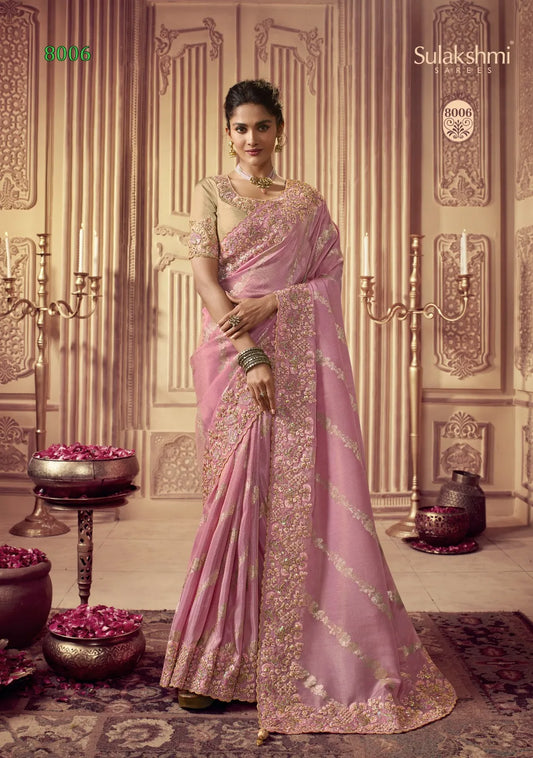 Vasundhara Heritage Tissue Pink Silk Saree – Handcrafted Embellished Royal Collection