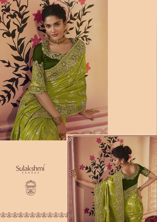 Vasundhara Heritage Tissue Olive Green Silk Saree – Handcrafted Embellished Royal Collection
