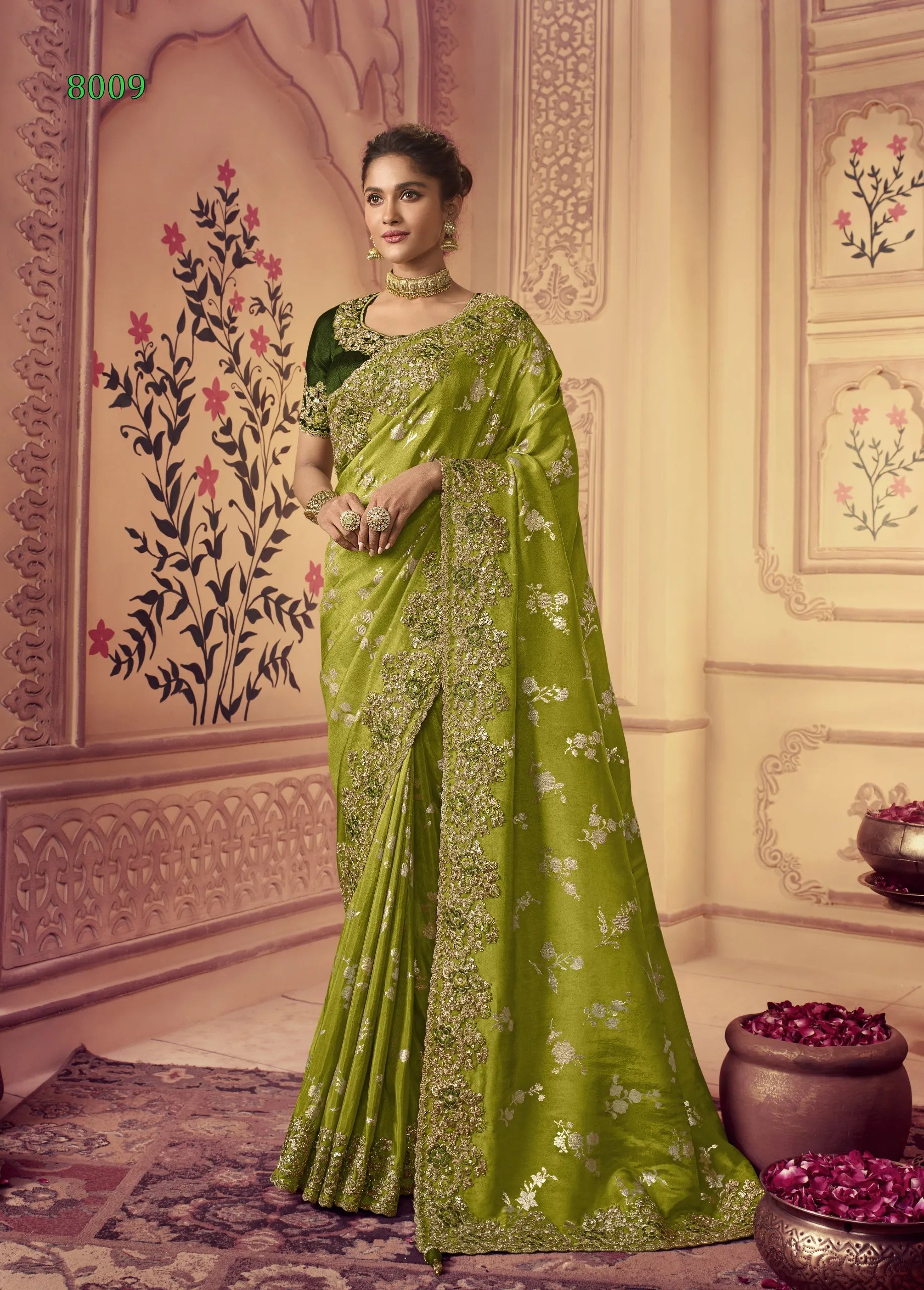 Vasundhara Heritage Tissue Olive Green Silk Saree – Handcrafted Embellished Royal Collection