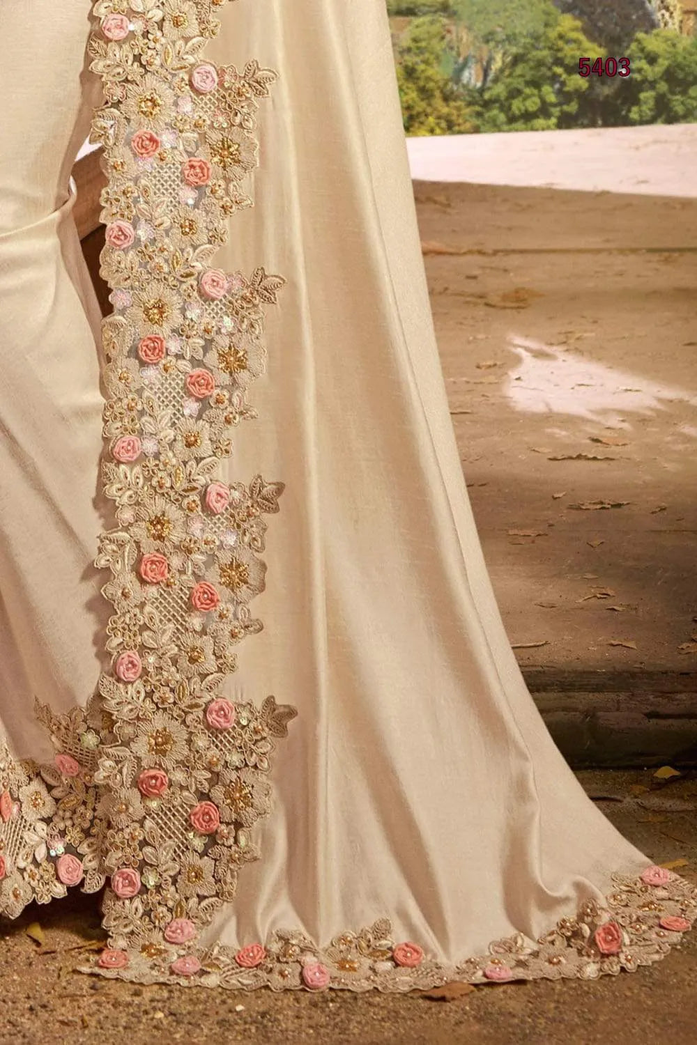 Vasundhara Heritage Tissue Beige Silk Saree – Handcrafted Embellished Royal Collection