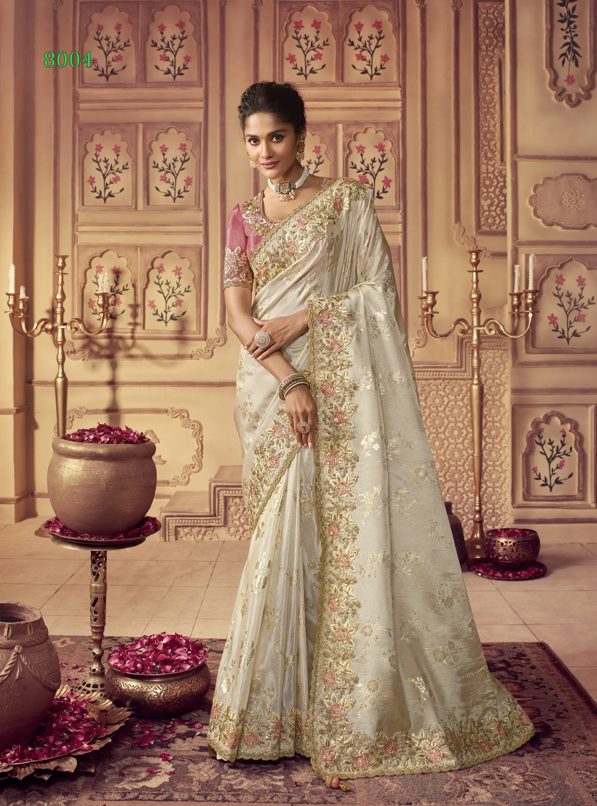 Vasundhara Heritage Tissue Cream Silk Saree – Handcrafted Embellished Royal Collection