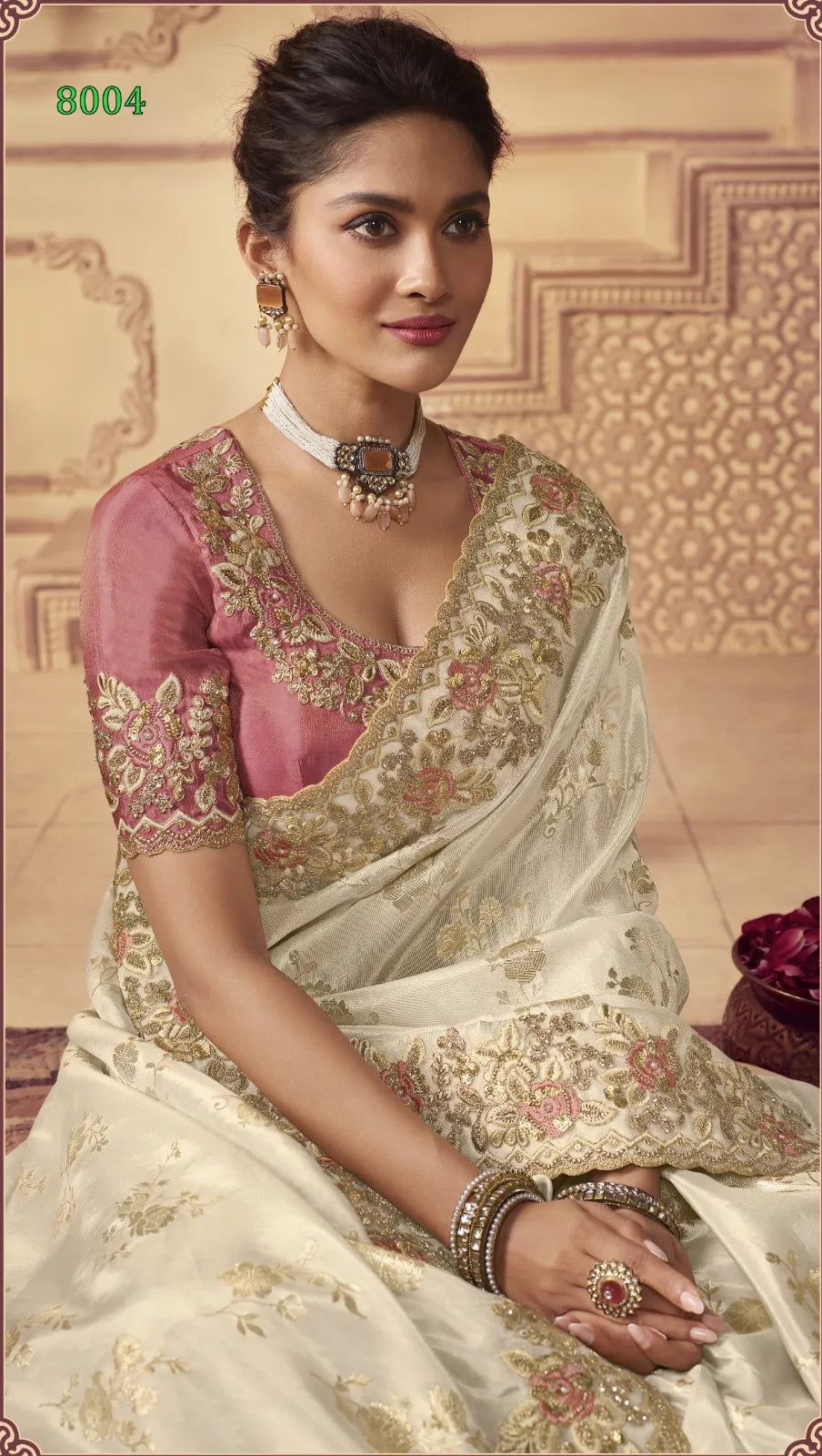Vasundhara Heritage Tissue Cream Silk Saree – Handcrafted Embellished Royal Collection