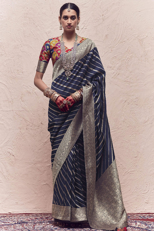 Navy Blue Leheriya Stripe Weave Pure Silk Saree