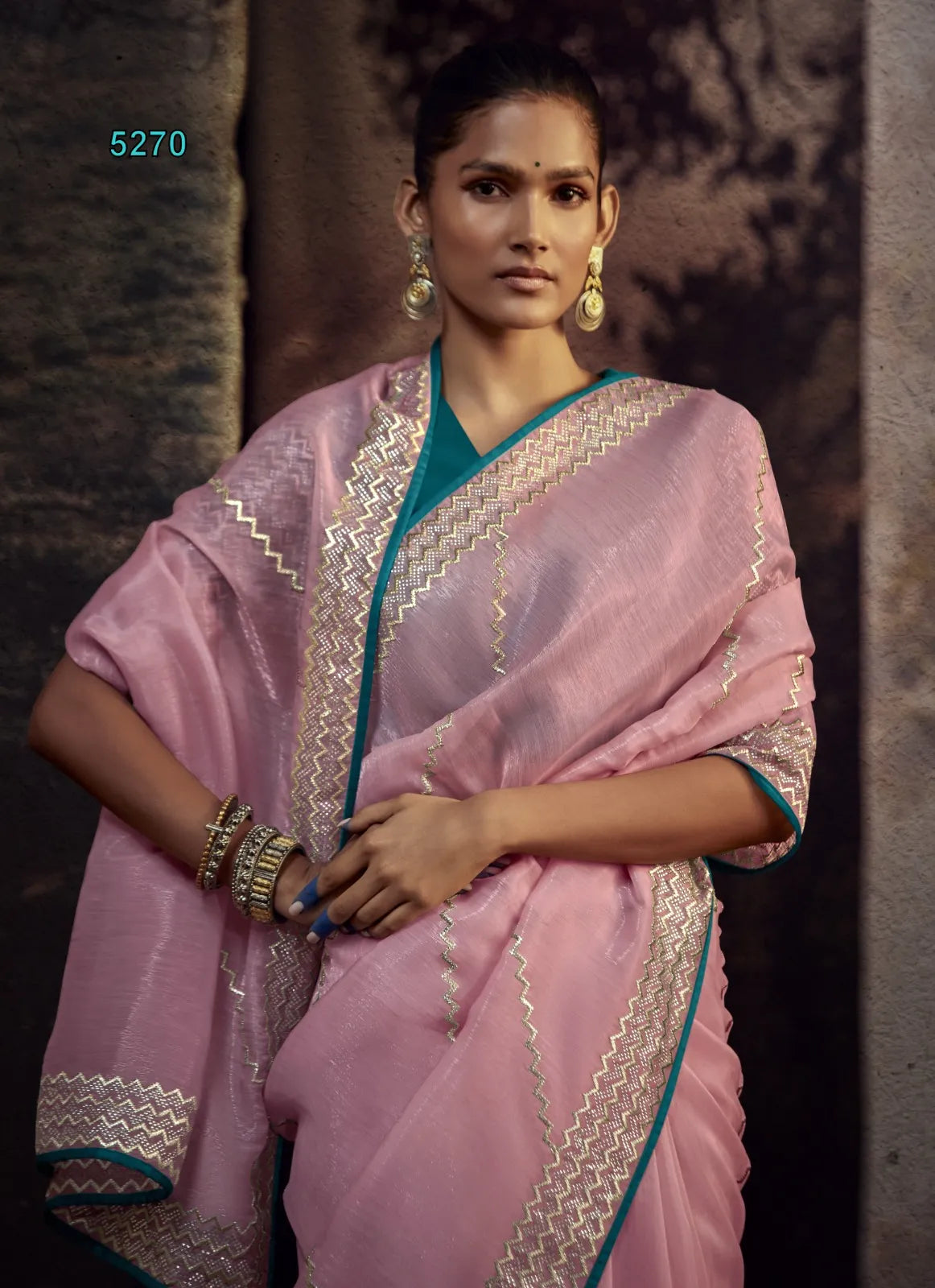 Sindhuri Baby Pink Organza Saree | Zigzag Sequin Border |