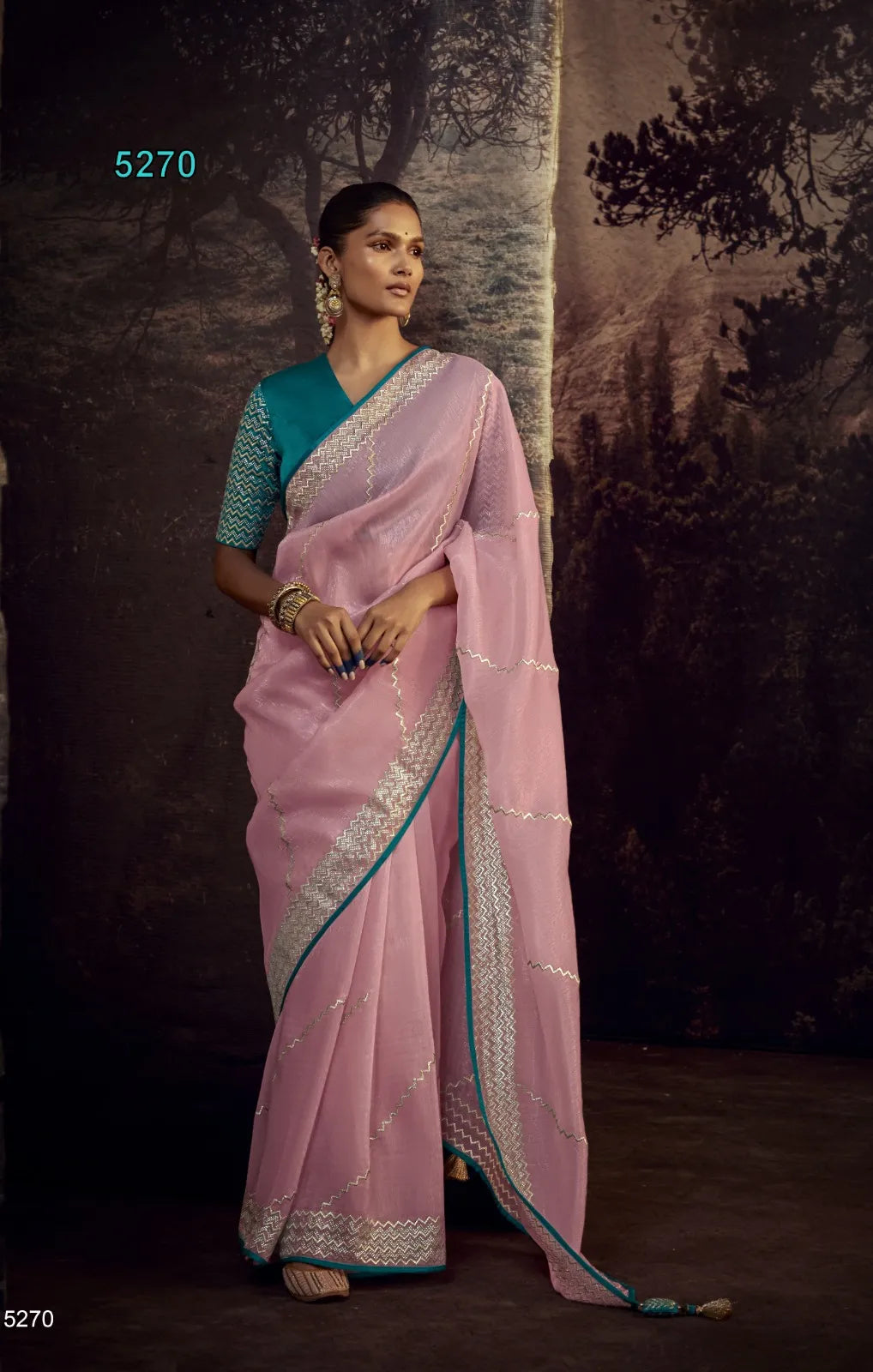 Sindhuri Baby Pink Organza Saree | Zigzag Sequin Border |