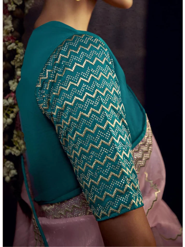 Sindhuri Baby Pink Organza Saree | Zigzag Sequin Border |