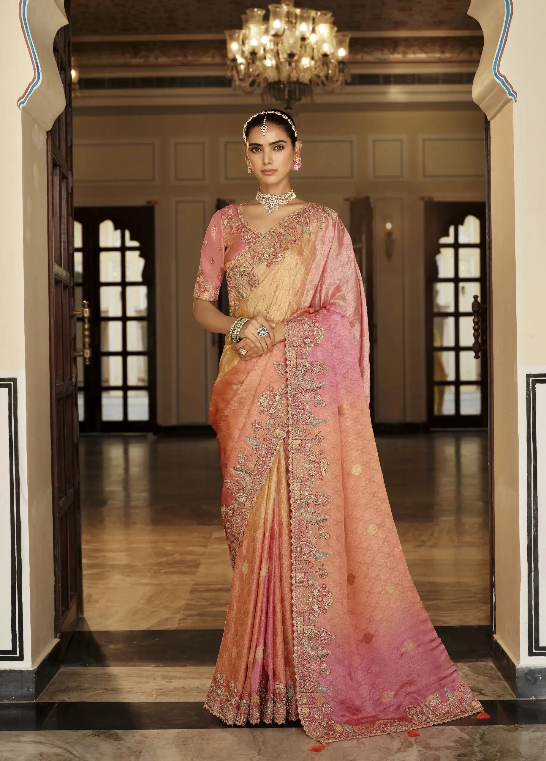 Madhurima Tissue Silk Saree | Peach to Pink Ombré with Zardozi Embro Border
