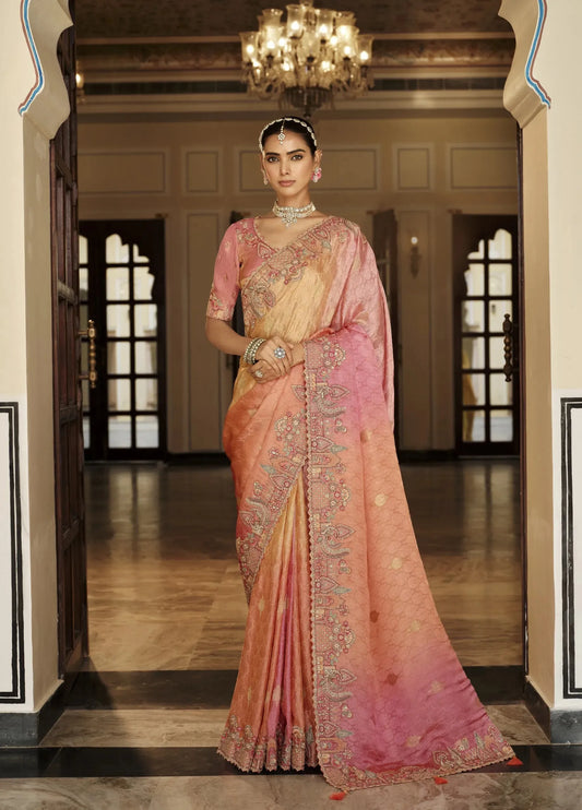 Madhurima Tissue Silk Saree | Peach to Pink Ombré with Zardozi Embro Border