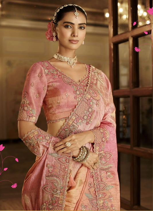 Madhurima Tissue Silk Saree | Peach to Pink Ombré with Zardozi Embro Border