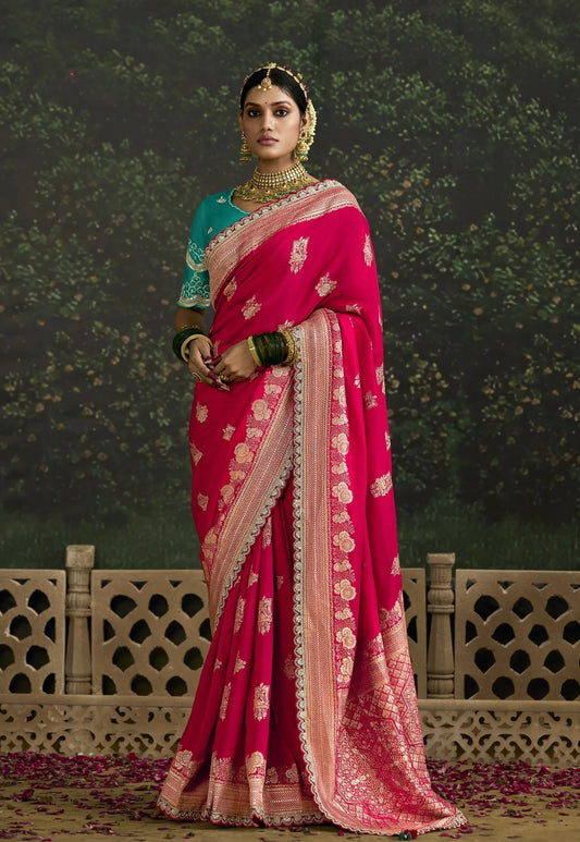 Magenta Creamy  Royale Pure Dola Silk Saree