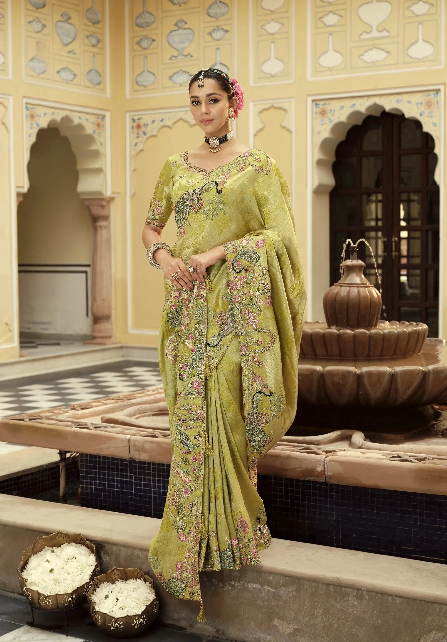 Mayuravalli Silk Saree | Olive Green with Peacock Embroidery & Floral Brocade