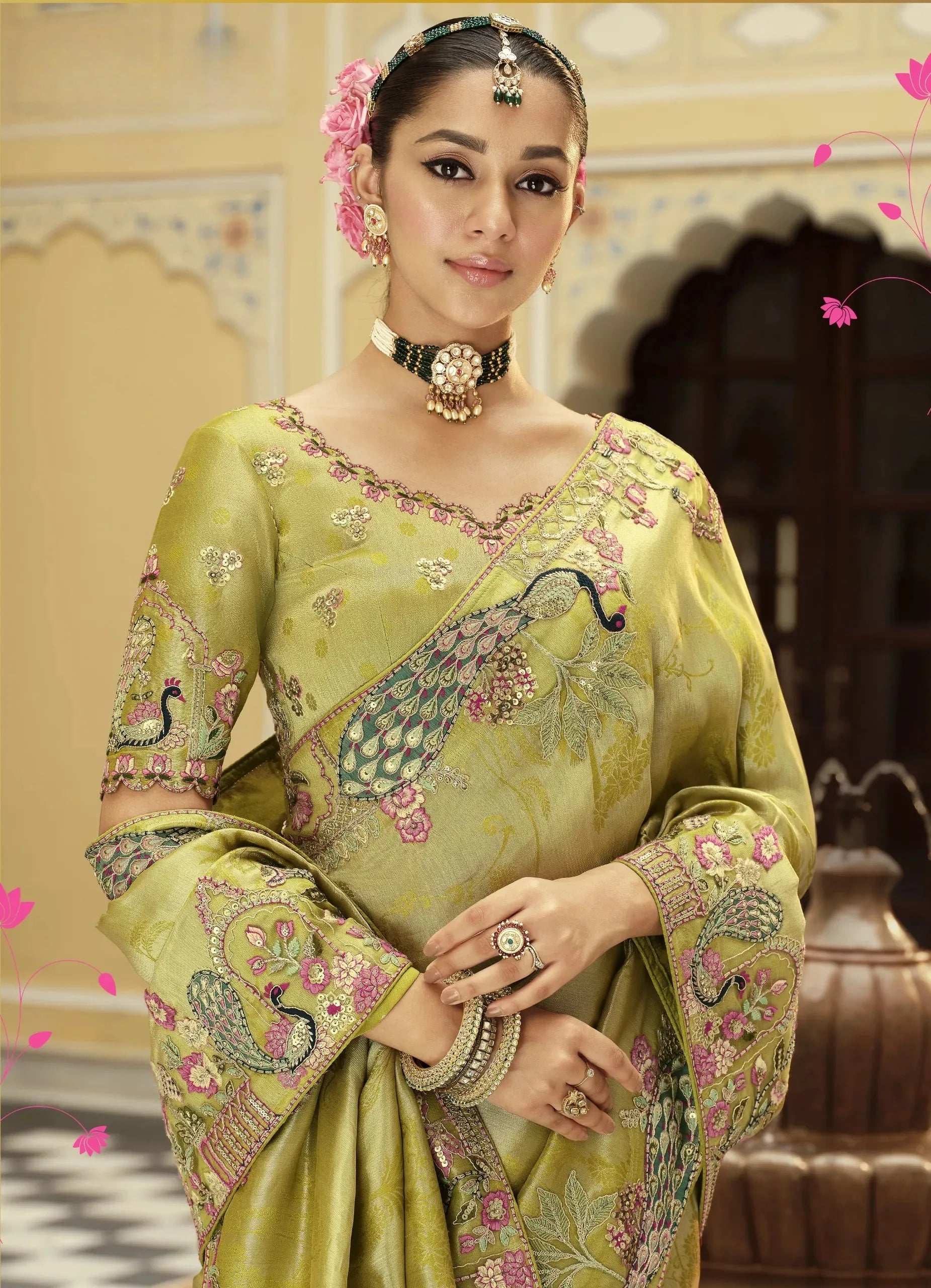 Mayuravalli Silk Saree | Olive Green with Peacock Embroidery & Floral Brocade