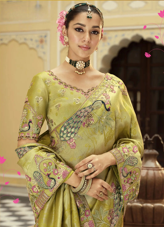Mayuravalli Silk Saree | Olive Green with Peacock Embroidery & Floral Brocade