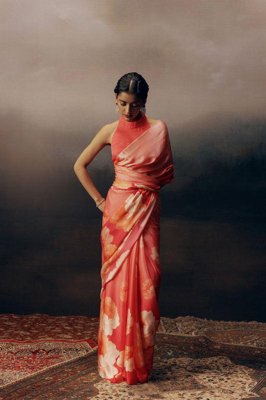 Roma Fuschia Satin Silk Saree with Floral Design | Premvastra | Premium Collection