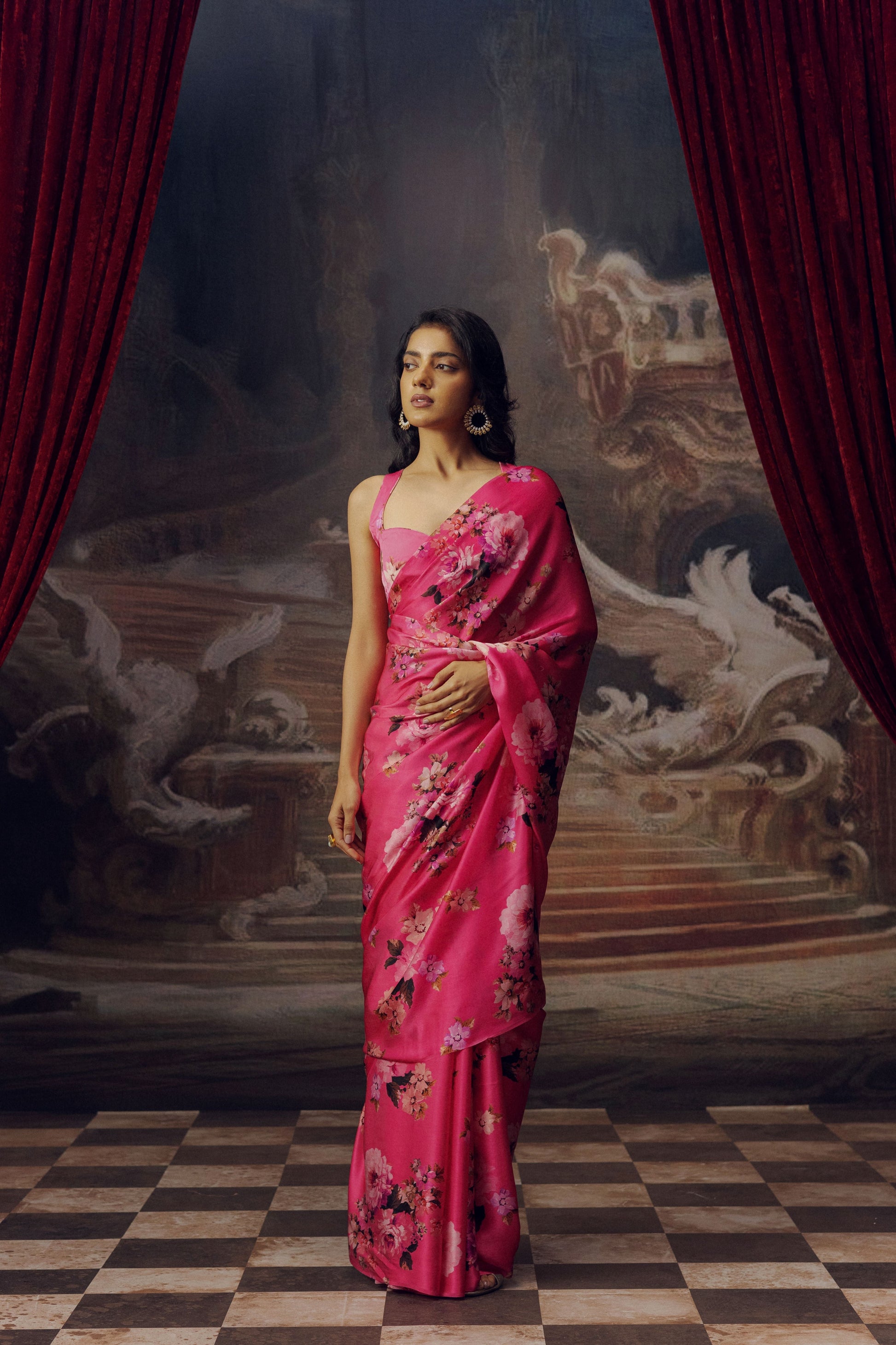 Tina Fuschia Satin Silk Saree | Floral Print Sarees at Premvastra | Premium Collection