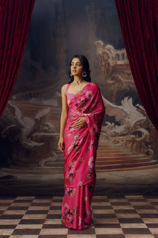 Tina Fuschia Satin Silk Saree | Floral Print Sarees at Premvastra | Premium Collection