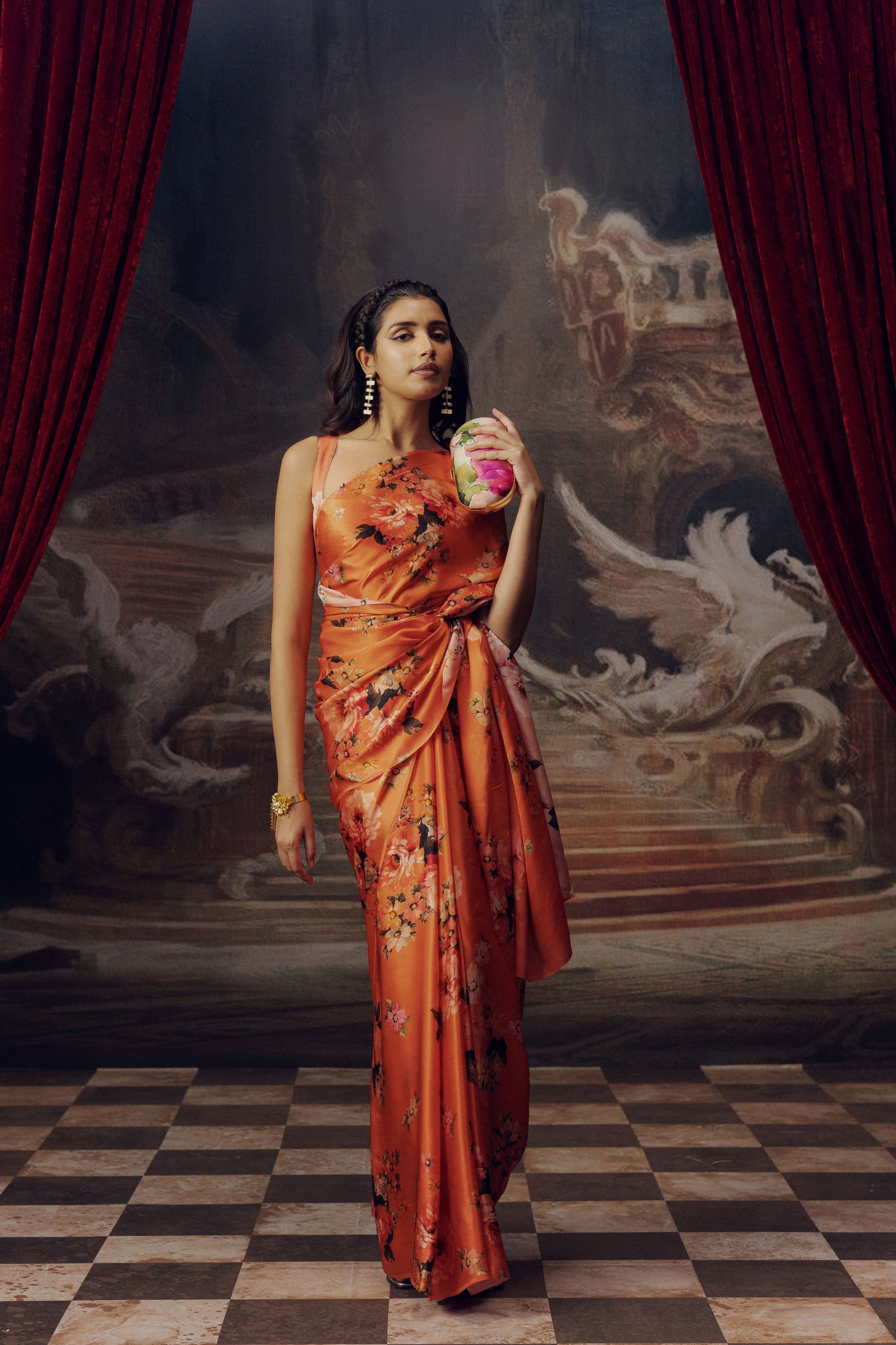 Tina Burnt Sienna Silk | Floral Print Sarees by Studio113 | Premium Collection