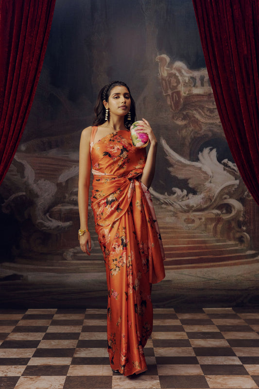 Tina Burnt Sienna Silk | Floral Print Sarees by Studio113 | Premium Collection