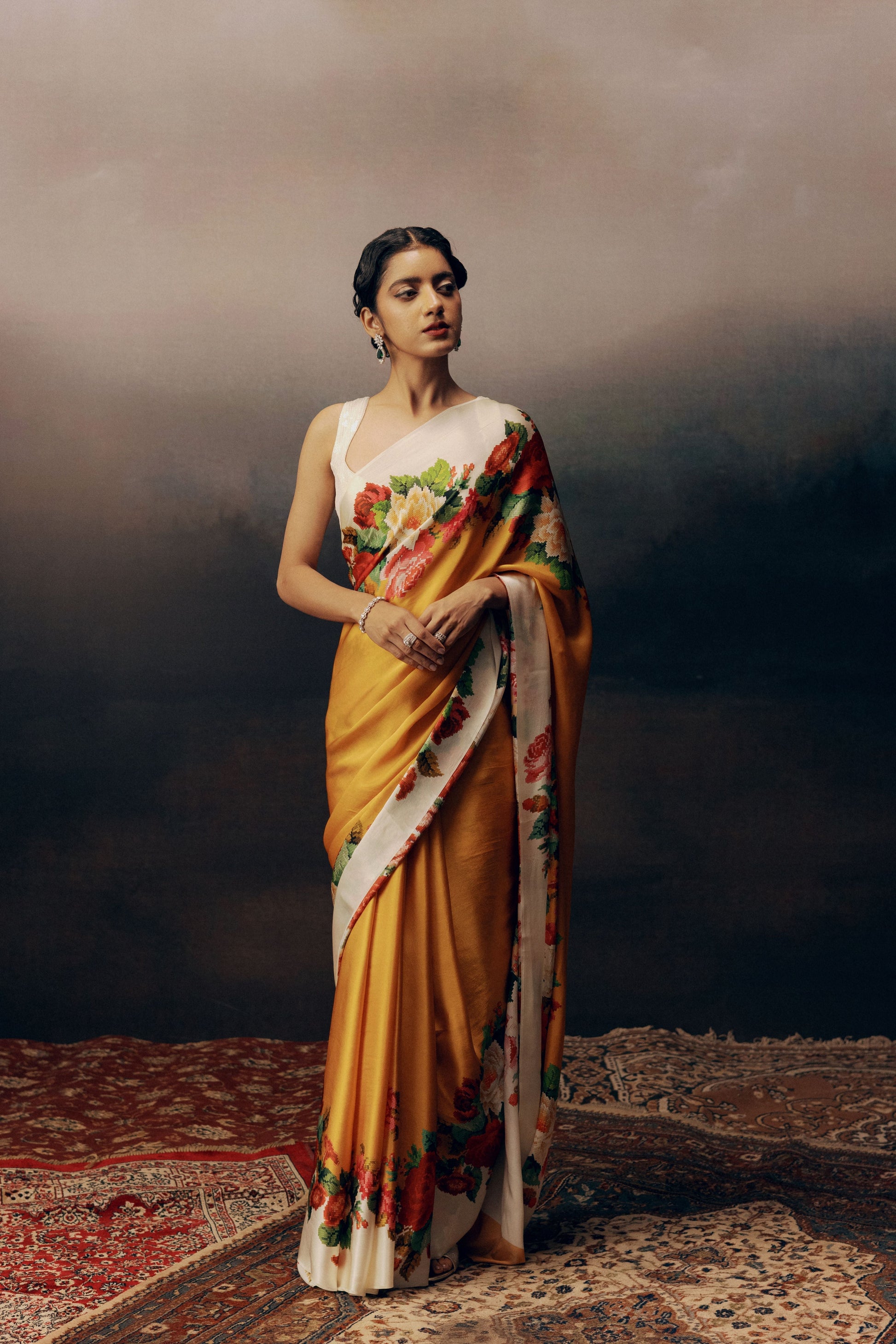 Urmila Tangerine Satin Silk Floral Saree By Premvastra | Premium Collection