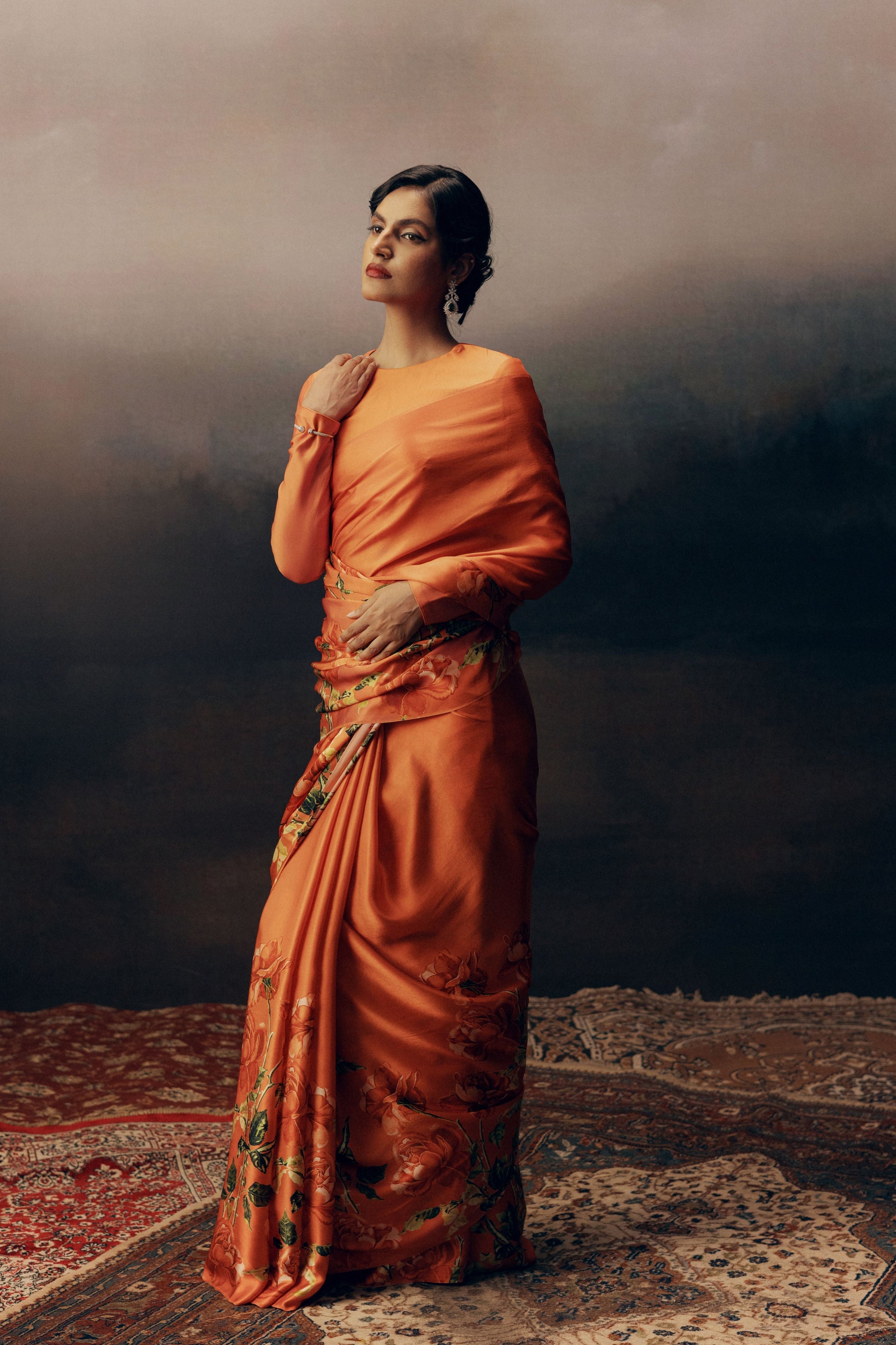 Mira Burnt Sienna Satin Silk Saree | Shop Floral Saree | Premium Collection