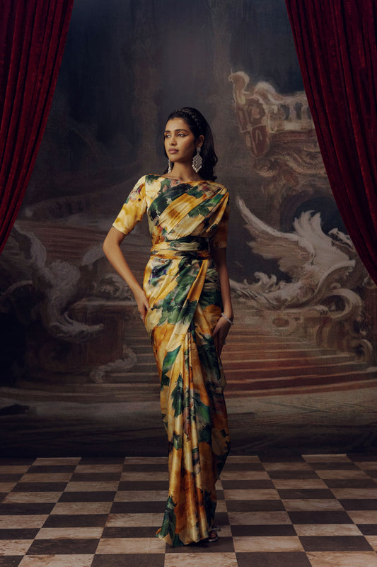 Ruby Apricot Satin Silk Cocktail Saree Online at Premvastra | Premium Collection
