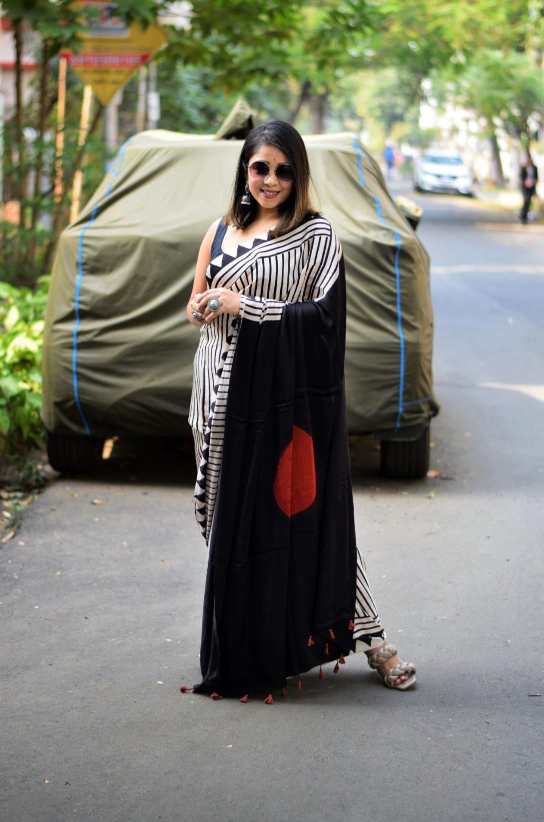 MODEL SILK BLACK & WHITE STRIP ELEGANT SAREE