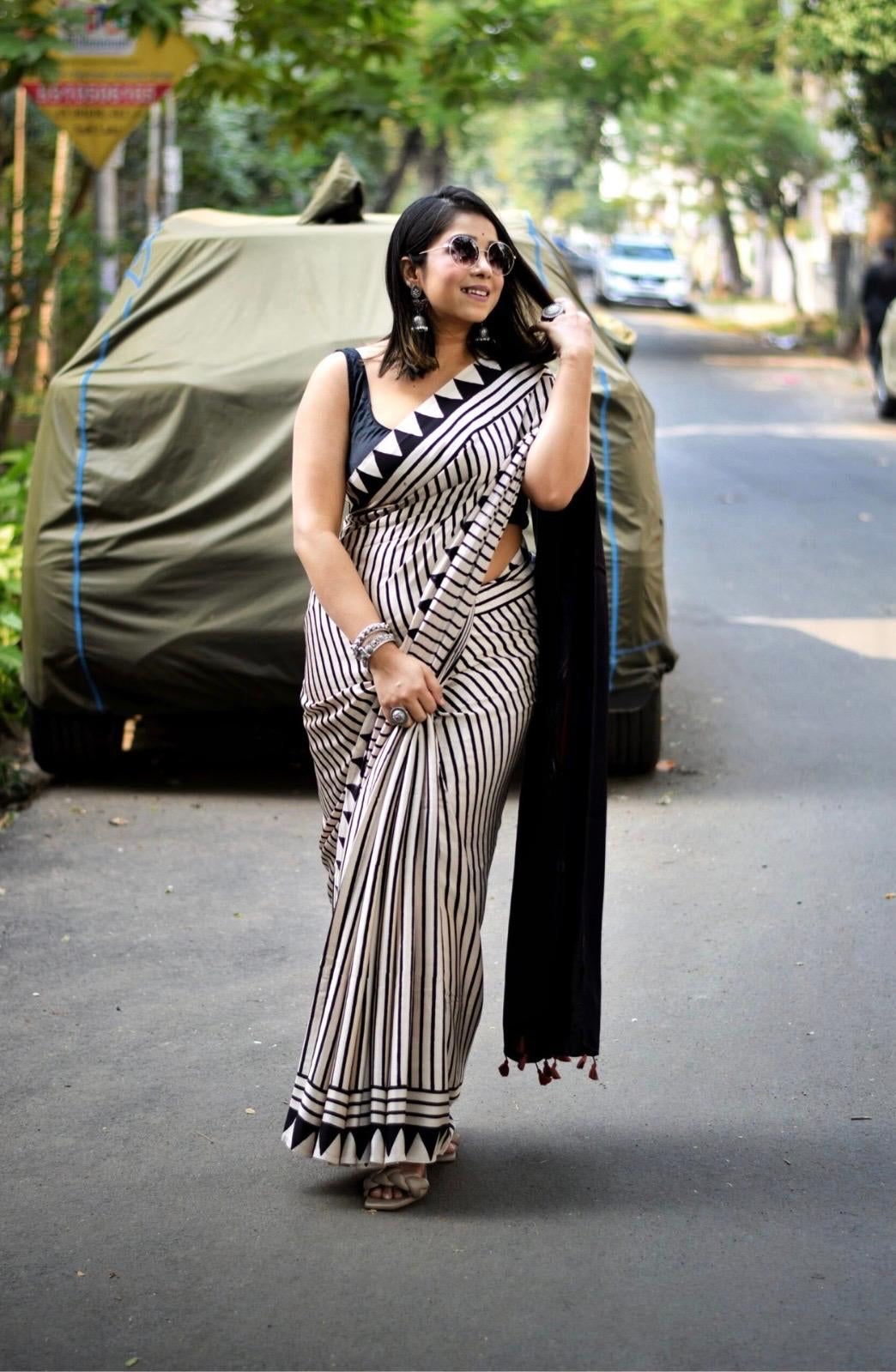 MODEL SILK BLACK & WHITE STRIP ELEGANT SAREE