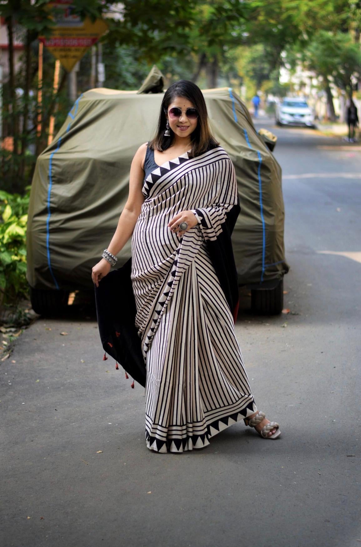 MODEL SILK BLACK & WHITE STRIP ELEGANT SAREE